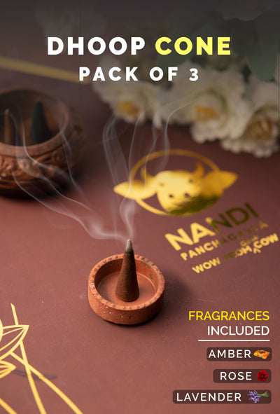 Nandi Panchgavya Dhoop Cones (Pack of 3) - Amber, Rose, Lavendar